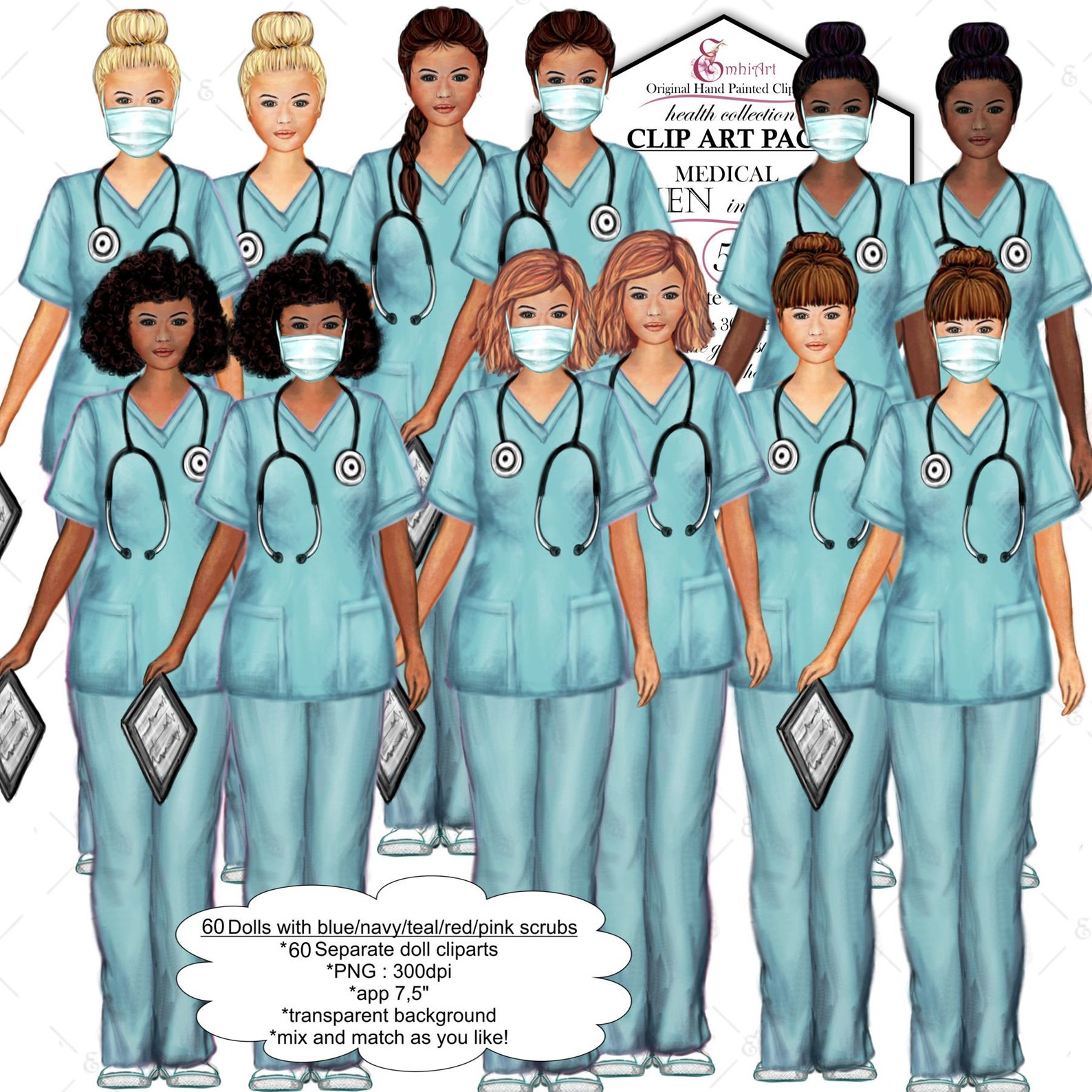 Women in Scrubs Clip Art Kit. Nurse Doctor custom Etsy