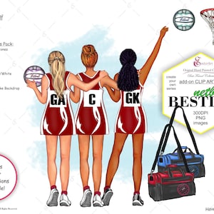 Paquete de imágenes prediseñadas personalizadas n.° 1 de la mejor amiga del netball. Piel, cabello y atuendo deportivo personalizados. Pintados a mano. Vestidos de netball muy bonitos.