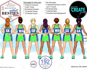 Netball Best Friend Team Portrait Custom Yourself Clipart Bundle. Custom dress, skin and hair