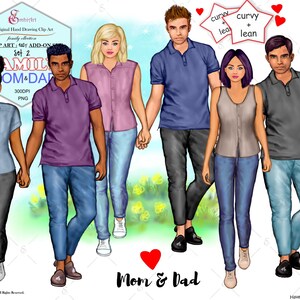 Ouders, moeders en vaders, paar aangepaste add-on Clip Art Pack.Handgeschilderde clipart.Family Clipart.Denim Fashion.3 Skin, 2 maten, Curvy, Lean