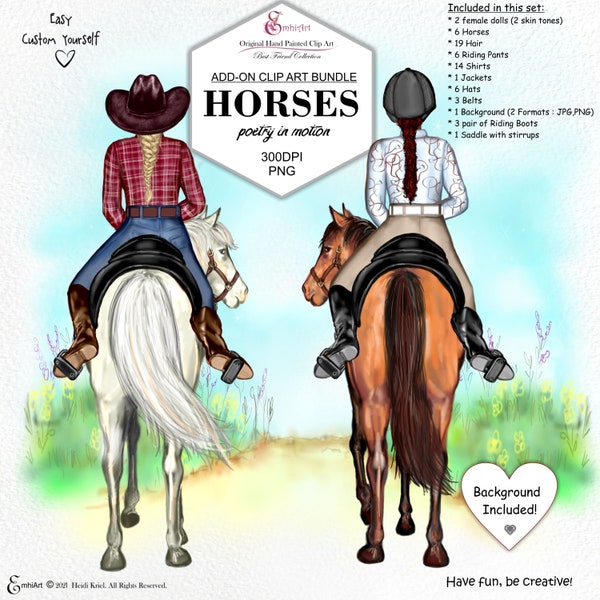 Horseback Riding Clipart Girl Best Friends Custom Add On Clip art Bundle.6 Horses,Fashion wardrobe, PNG.Hand Painted.Background included