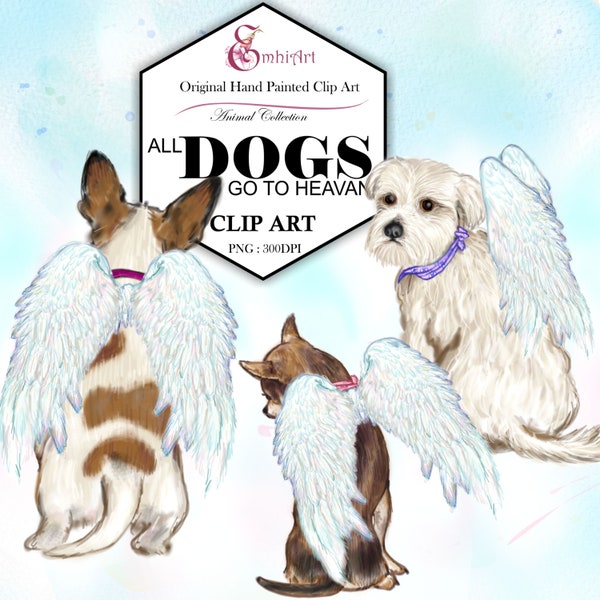 Angel Dog clipart. All dogs go to heaven Clip Art Pack. Dogs with wings. Cute dog breeds.Hand painted.Original.In memory of dogs. Pet