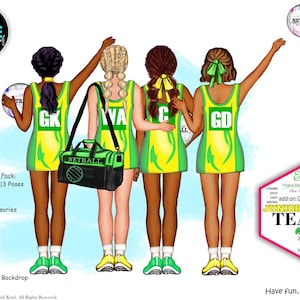 Lot de cliparts personnalisés de l'équipe junior de netball pour enfants. 3 couleurs de peau, 3 poses, 21 robes, 35 coiffures