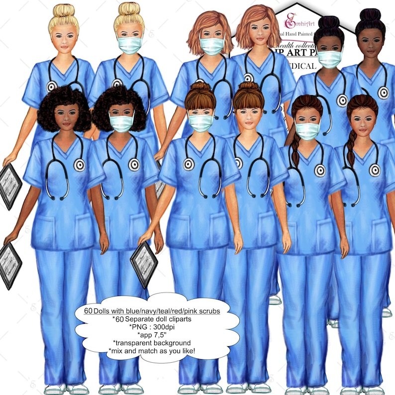 Nurse Doctor custom clipart.Cap.Nurse Uniform.Medical Scrubs.4 Skin tones.t...