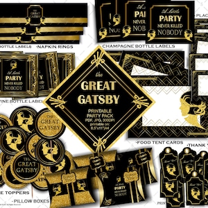 The GREAT GATSBY Printable Party kit. Instant Download SET, Cupcake toppers|Champagne|Water|Wine Bottle Labels|Tags|Tent Cards|pillow box