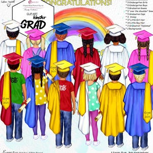 Paquete de imágenes prediseñadas personalizadas para graduación de jardín de infantes de 2025. Agregue su propio cabello, vestidos, gorras, estolas y diplomas. Imágenes prediseñadas originales pintadas a mano para niños.