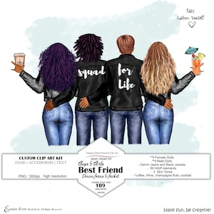 Pack de cliparts personnalisés, meilleurs amis, garçons et filles. Clipart pour couple. Peau et cheveux personnalisés. Jeans en jean. Vestes noires.