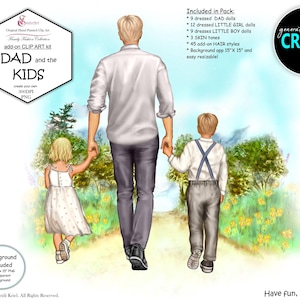 Papa und Kinder benutzerdefinierte Porträt Clip Art Bundle. Süßes kleines Mädchen und Junge.45 Frisuren.3 Hauttöne.3 bis 4 Outfits.Hintergrund.Handbemalt