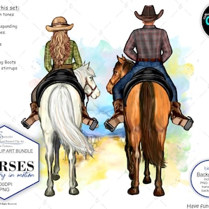 Couple Horses Custom Clipart Bundle. 6 Horses, 3 Skin Tones, Male and female riders.Cute hairstyles.Denim Jeans. Plaid.Background included.