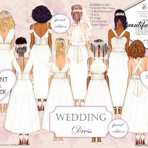Paquete de imágenes prediseñadas de moda de vestidos de novia. Vestidos con vista frontal y posterior. Vestidos de novia, cabello y piel personalizados. Imágenes prediseñadas en capas. Pintadas a mano
