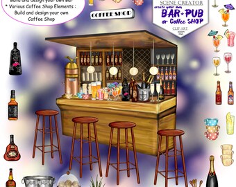 Pub Bar Coffee Shop Clip Art: Scene Creator Bundle (PNG)