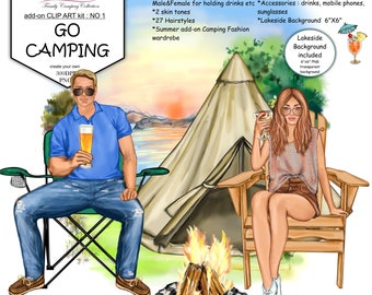 Camping Custom Add-On Clipart Bundle.Summer fashion,Tent,swimwear,sunglasses,camping chair, lawn chair,lakeside background,hand painted hair