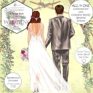 Hochzeit Clip Art Set.5 Boho BOHO Kleid DESIGNS.Boho Frisuren Clipart KOMBINIERT All in One Kit:Bride,Groom,Bräutigam Hair.Fashion Mädchen