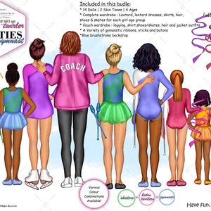 Ginastas, patinadores de gelo, baton twirlers BFF Besties Custom Clipart Bundle. Pele, cabelo e idade personalizados. Pintados à mão