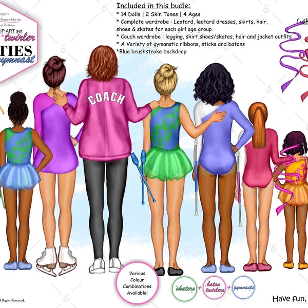 Gymnasts, Ice Skaters, Baton Twirlers BFF Besties Custom Clipart Bundle. Custom skin, hair, age.Hand painted