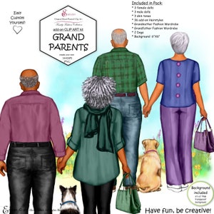Pack de cliparts personnalisés pour grands-parents. Ajout de cheveux | garde-robe de mode | kit d'extension | clipart famille | chiens | sacs à main | cheveux gris | chauve