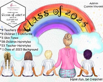 School Teacher and Children Clipart.Custom Hairstyles.Class of 2025 ADD-ON clipart Pack. Custom clipart. 3 outfits/uniforms.Hand painted.Mix