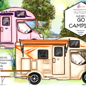 Motorhomes RV Camping Clip Art Bundle no 2. Awnings, camping Table.Background Lakeside