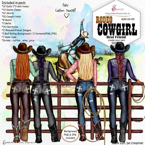 Best Friend Cowgirl Rodeo Custom Clipart Pack.Custom hair and skin.Bull Riding background.Cowgirl boots and hats. Sparkle Bling Jeans