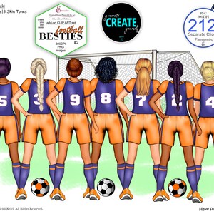 Bundle de cliparts, meilleur ami du football, portrait d'équipe personnalisé. Maillots, shorts, cheveux, chaussettes, chaussures, chiffres, ballons, filet
