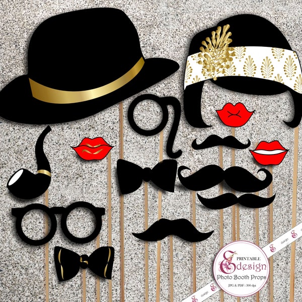 La fête de Gatsby le Magnifique à imprimer. Accessoires pour photomaton. Téléchargement instantané. Fêtes, jeux. Moustache, lèvres, cheveux, chapeau imprimables. Clipart. Graphique