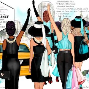 ELEGANCE Breakfast at Tiffany's Style Custom Add-on Clipart Pack.Hand Drawn,Classy BFF fashion,Besties Teal|Black.Yellow Cab.NY achtergrond