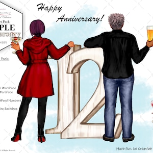 Pacchetto di clipart personalizzate per l'anniversario di coppia. Dimensioni del corpo, capelli e pelle personalizzati. Dipinto a mano. Numeri imbiancati in legno. Clipart di bevande