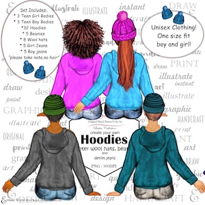 Hoodies und jede Menge Custom Clip Art Set. Beanies, Wintermützen, Jeans, Teenie-Bodys. 3 Hautfarben,Handgezeichnet,Aquarell,digital