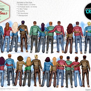 Amigos navideños, hombre y mujer, pareja, paquete de imágenes prediseñadas fáciles de personalizar. Suéteres navideños. 52 peinados, 3 tonos de piel, 1 fondo