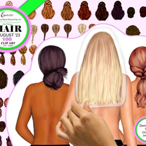 Paquete de imágenes prediseñadas de cabello de agosto de 2023. ¡100 peinados! Dibujados a mano. Originales. Todos los colores de cabello. Cabello afro incluido. Personalízalos tú mismo. Liso, rizado, ondulado.