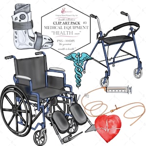 Clipart medico-chirurgica n. 3 Sedia a rotelle, deambulatore, sondino, ortesi, cuore. Dipinto a mano