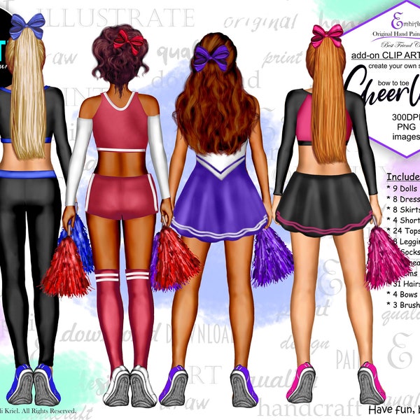 Équipe de danse, tenues de pom-pom girl rouge/rose/violet/bleu/mode. Clipart personnalisé Bundle.3 Skin, 31 Hair.Leggings, hauts, jupes, shorts, pompons