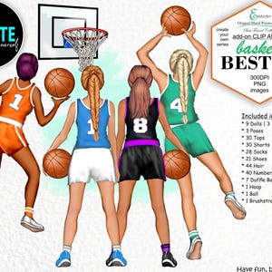 Pack de cliparts de l'équipe personnalisée Best Friend de basket-ball n° 4. 3 tons de peau, 3 positions et différentes couleurs d'uniforme