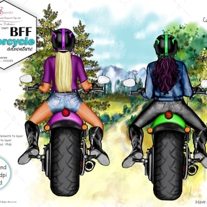 Pacchetto di clipart personalizzate per il miglior amico in moto. 4 skin, 20 acconciature, pantaloncini e jeans in denim, giacche e top. 7 motociclette, caschi, sfondo