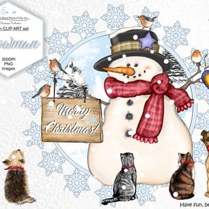 Bundle de cliparts aquarelle personnalisé Noël bonhomme de neige, écharpes personnalisées, bandes de chapeau, oiseaux, chats, chiens, superposition de neige. Arrière-plan, pays des merveilles d'hiver