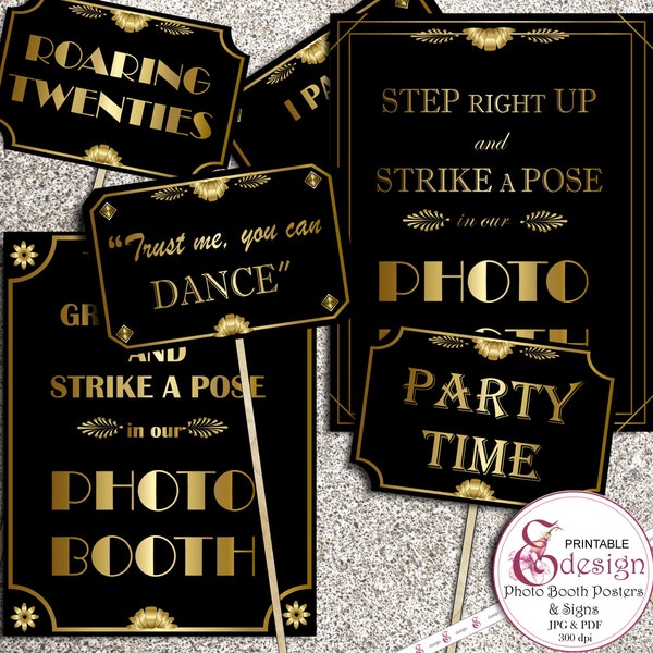 Great Gatsby Printable Photo Booth Signs and Props. Black and Gold. Roaring Twenties. Party Time.