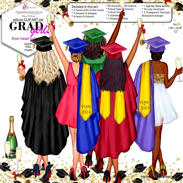 Graduation Girls 2024 Custom Clip Art Pack. Grad Gowns, Caps, Stoles, diplomas, sparkly wine, flute, hairstyles, grad fashion outfits,heels