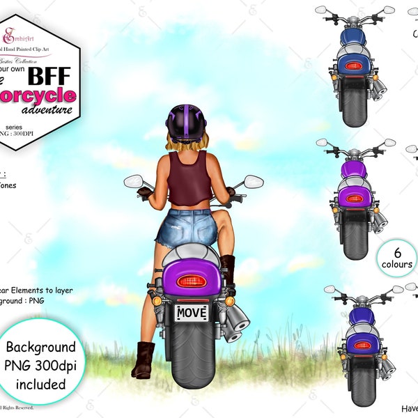 Motorcycle Best Friend no.2 Custom Clipart Bundle,4 skin,22 hair,denim shorts and jeans, jackets and tops.6 motorcycles,helmets,backdrop