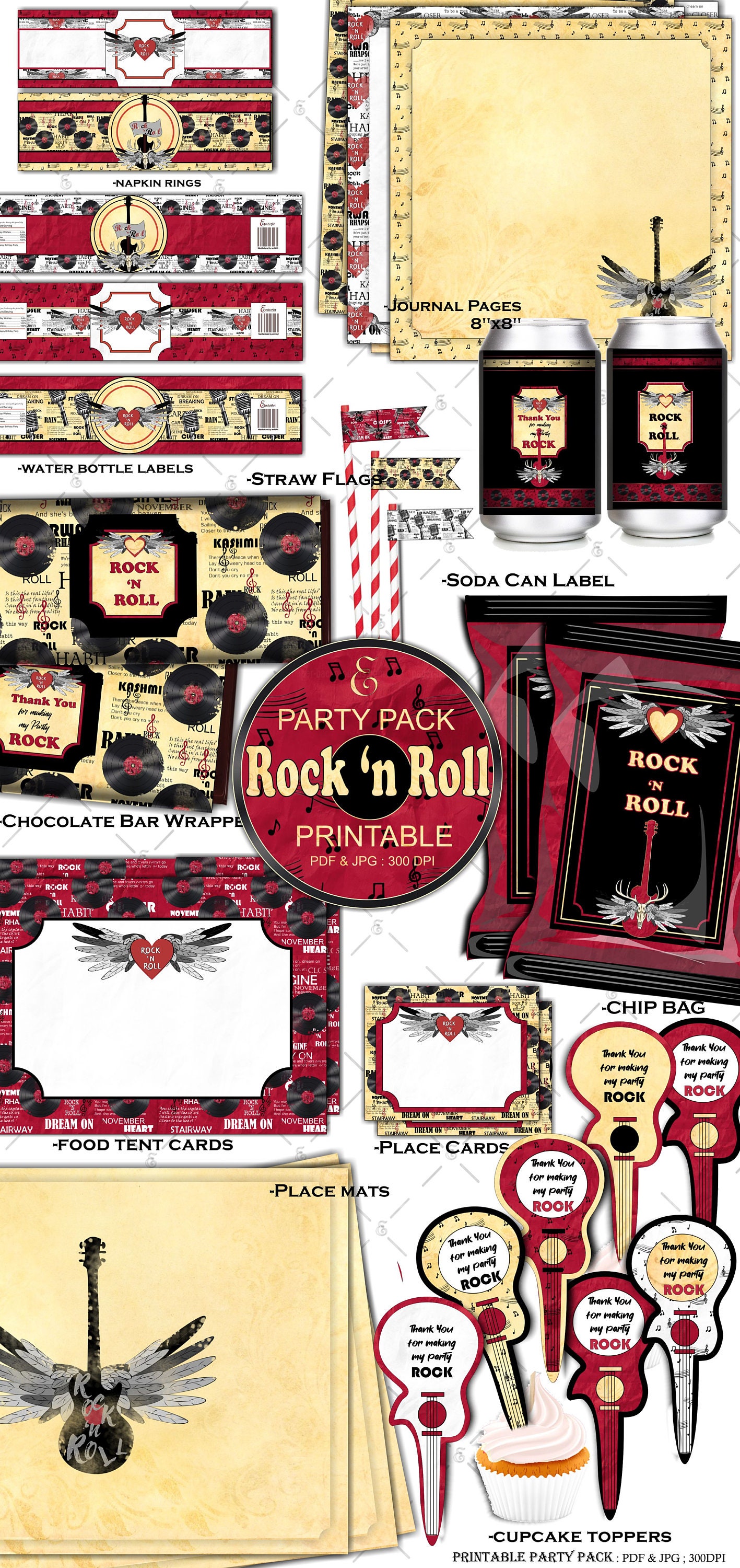 Rock and Roll Party Printable Pack.vintagehand Paintedparty - Etsy