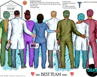 Healthcare Team, Health Workers, Nurses, Doctors in SCRUBS Team Portrait Clipart Bundle. Custom Scrub, color, Skin and Hair. Cute succories.