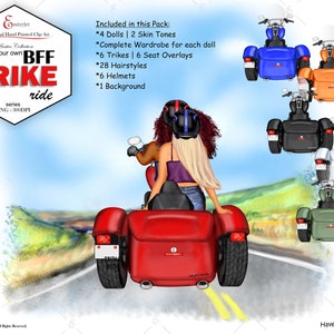 Trike Motorcycle Bike BFF Custom Clipart Bundle, 2 tonalità di pelle. Moda denim, acconciature personalizzate. Caschi