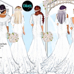 Paquete de imágenes prediseñadas personalizadas de vestidos de novia. Diseño original, pintado a mano. Piel y cabello personalizados, telón de fondo, velos, ramo y flores.