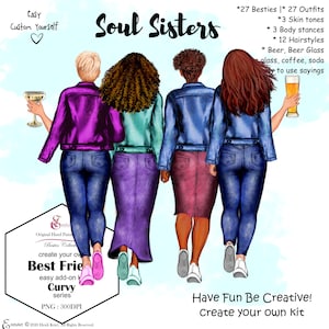 Best Friend Clip Art Set, Curvy Besties Clipart.Denim  Jackets Jeans,skirts,hues.BFF Plus size.Easy CUSTOM Clipart.Gorgeous Hair.3 Skins.