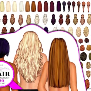 Frisuren Custom Layer Clip Art Set 3.Süße natürliche Haare,wellig,gerade,blond,brunette, schwarz und pink.Handbemalt.150 Wunderschöne Frisuren