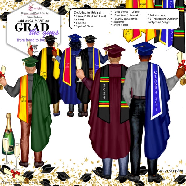 Men Guys Graduation 2024 Custom Add-on Clip Art Pack, Gowns,stoles,diplomas,grad fashion,denim jeans,pants,dress shirts,grad caps,cute hair