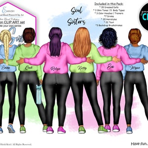 Soul Sisters, Best Friend benutzerdefinierte Clipart Bundle.5 Körpergrößen, 4 Haltungen, 3 Hauttöne.Kurvig, schlank, Plus Size.20 Frisuren