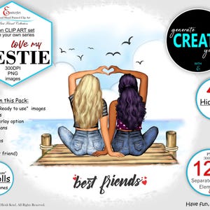 Bestie Love Custom Clipart Bundle.Melhores amigas. Retrato fofo de melhores amigas. Pele, cabelo e moda personalizados. Layer Clipart