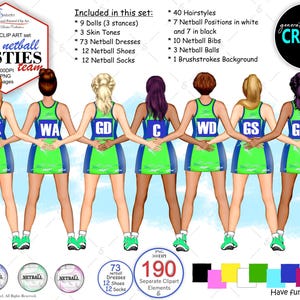 Lot de cliparts personnalisés avec portrait d'équipe du meilleur ami de netball. Robe, peau et cheveux personnalisés