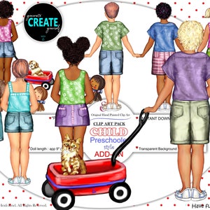 Child PRESCHOOLER Add-on Custom yourself Clip Art Pack.Original hand drawn.24 Hairstyles.12 Bodies.4 Skin.SHIRTS,tanks, skirts,shorts,denim