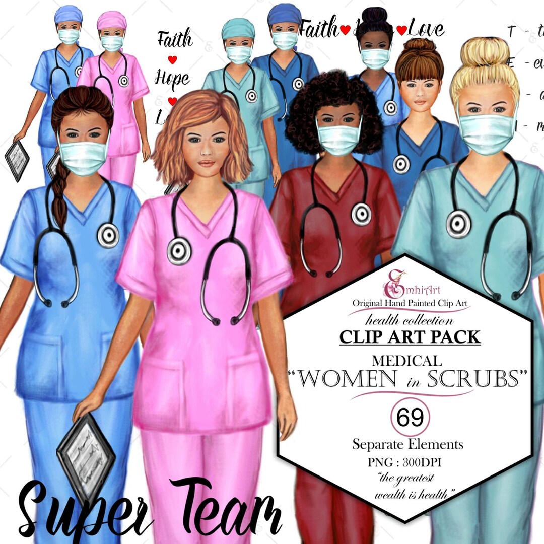 Women in Scrubs Clip Art Kit. Nurse Doctor Custom Clipart.cap.nurse ...